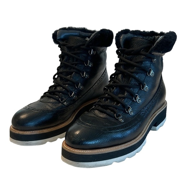 VALENTINA Italy Black Leather Lace Up Ankle Boots Faux Fur Trim Size 9 - Picture 9 of 9